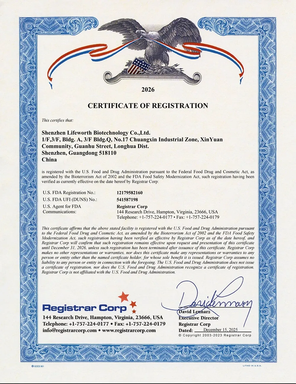FDA Registered Certificate