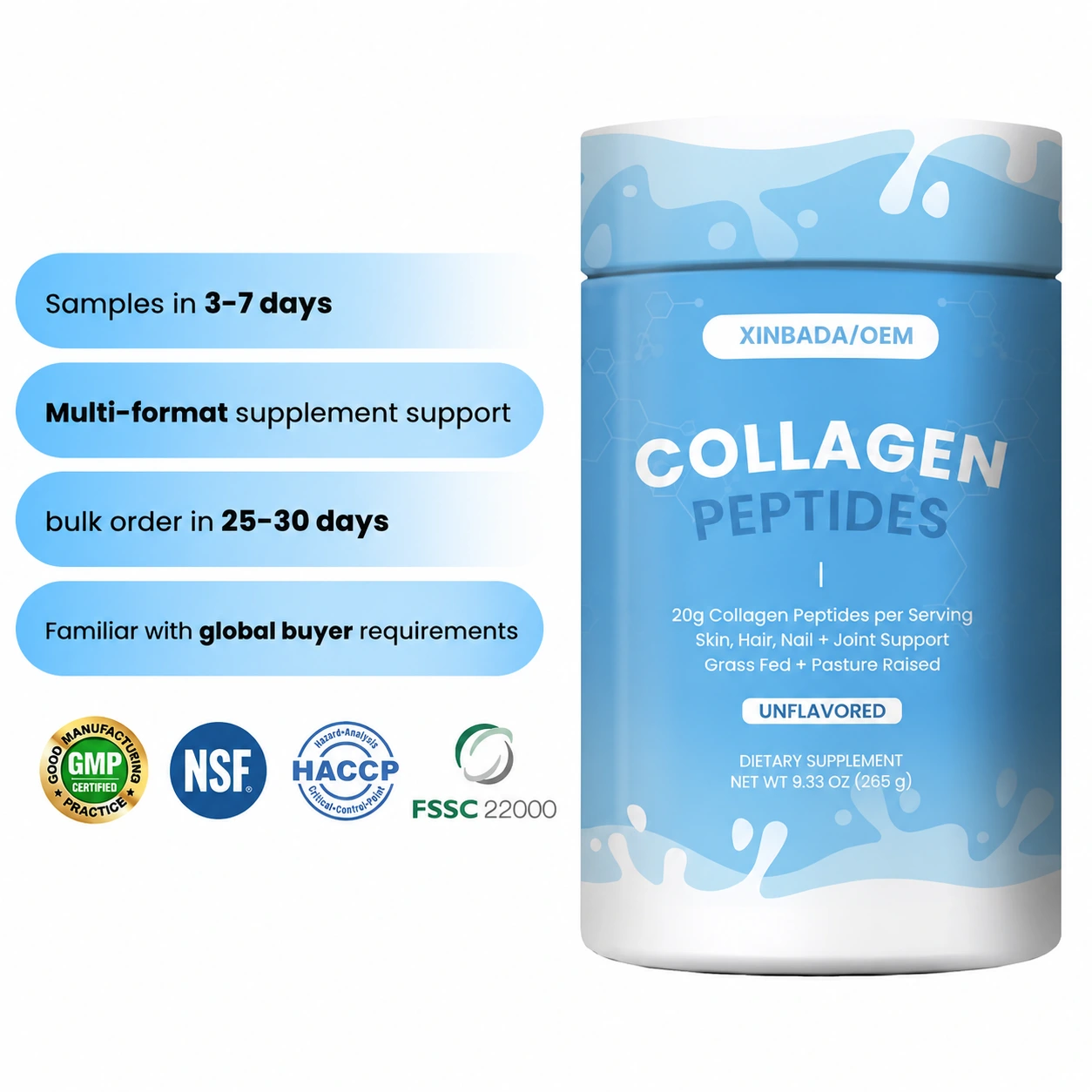 Xinbada Certified Hydrolyzed Collagen Peptides Protein Powder Hair Skin Joint Support