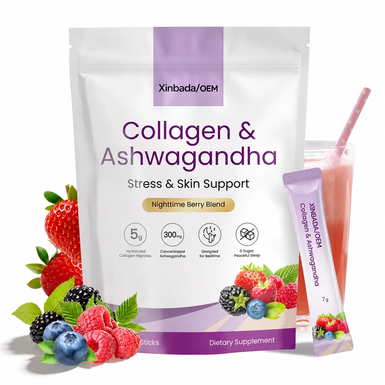 Xinbada Collagen PM Chocolate Nighttime Peptides Powder with Ashwagandha Magnesium