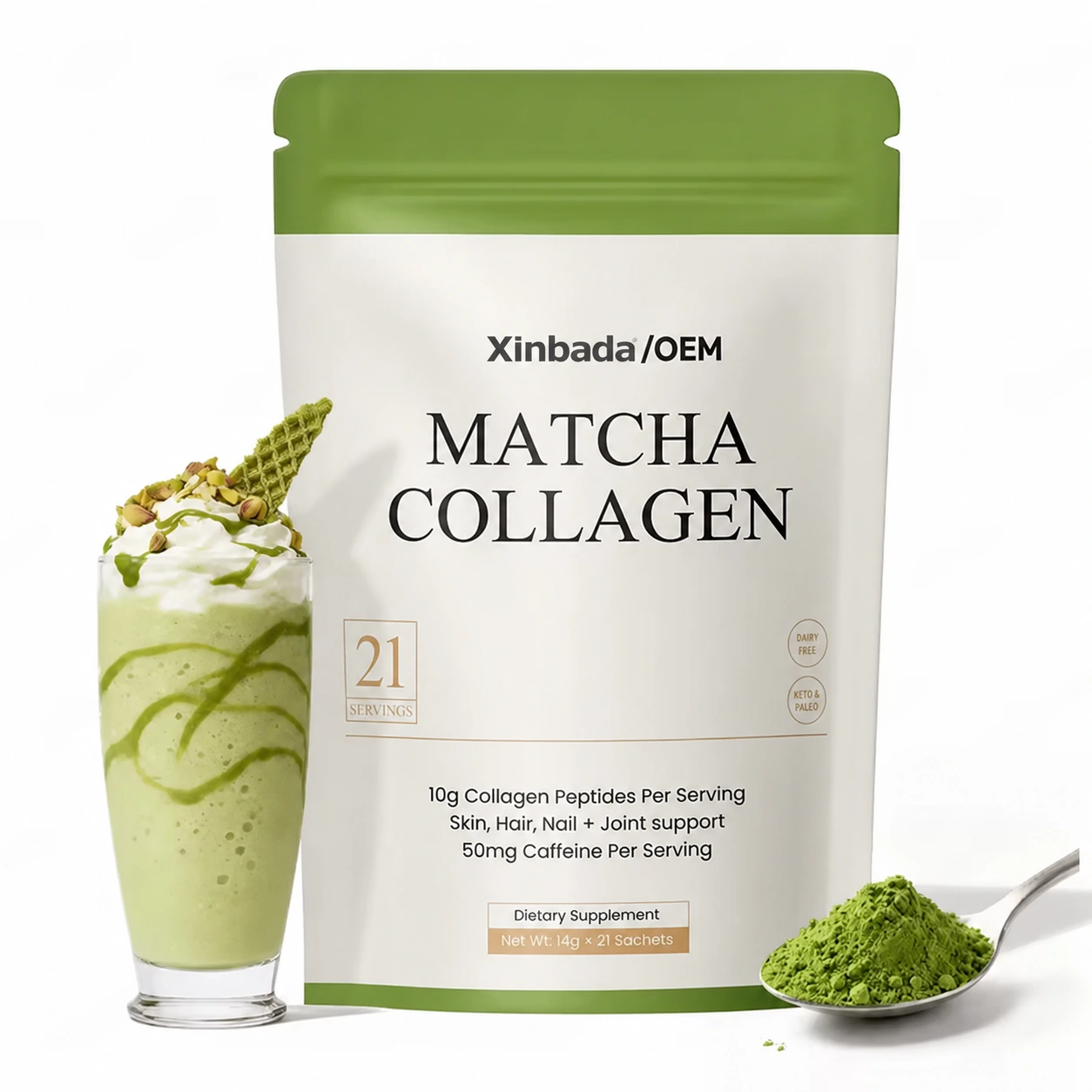 Xinbada Mushroom Matcha Collagen Powder with Lion's Mane and Ashwagandha OEM ODM