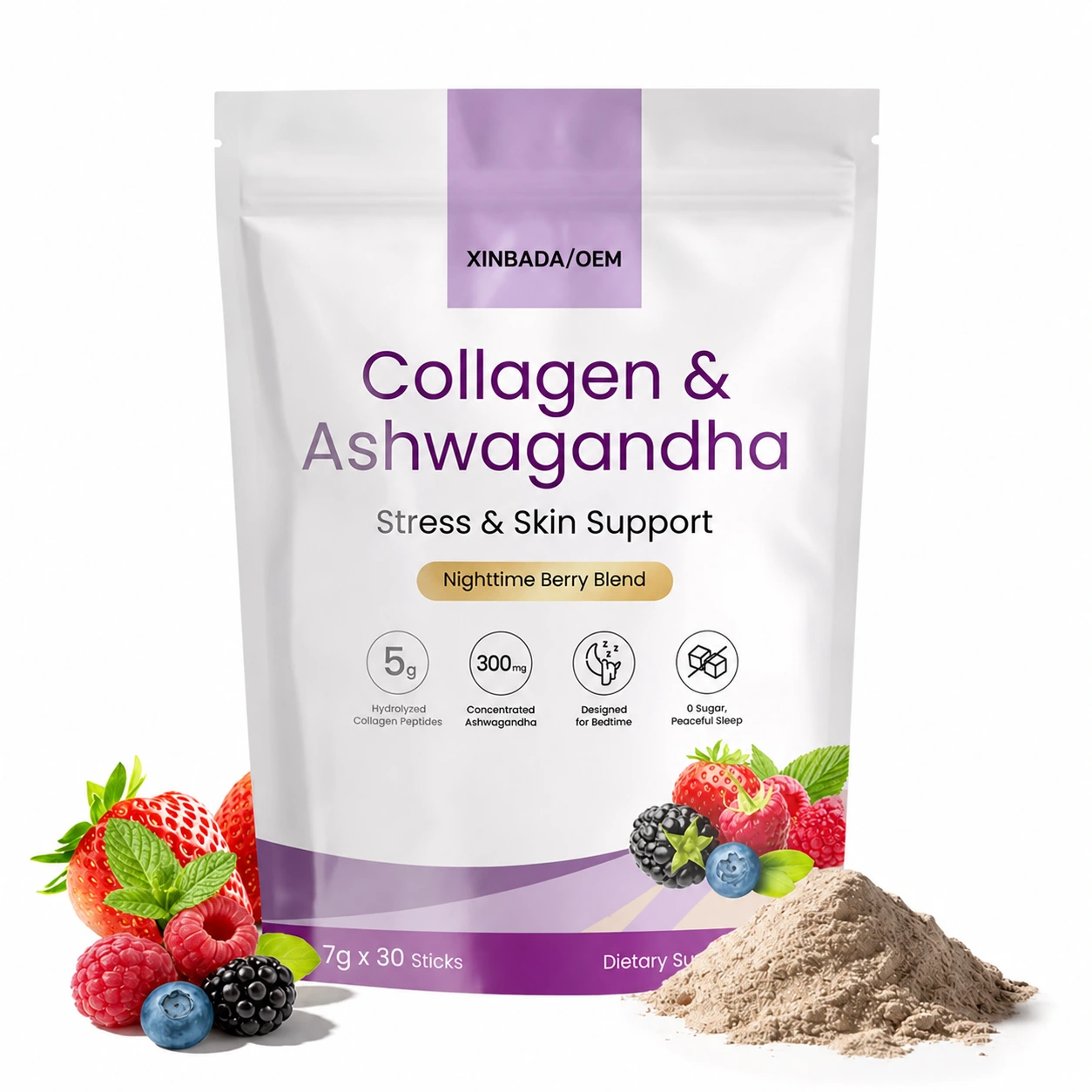 Xinbada Stress and Skin Support Collagen Peptides Powder with KSM-66 Ashwagandha