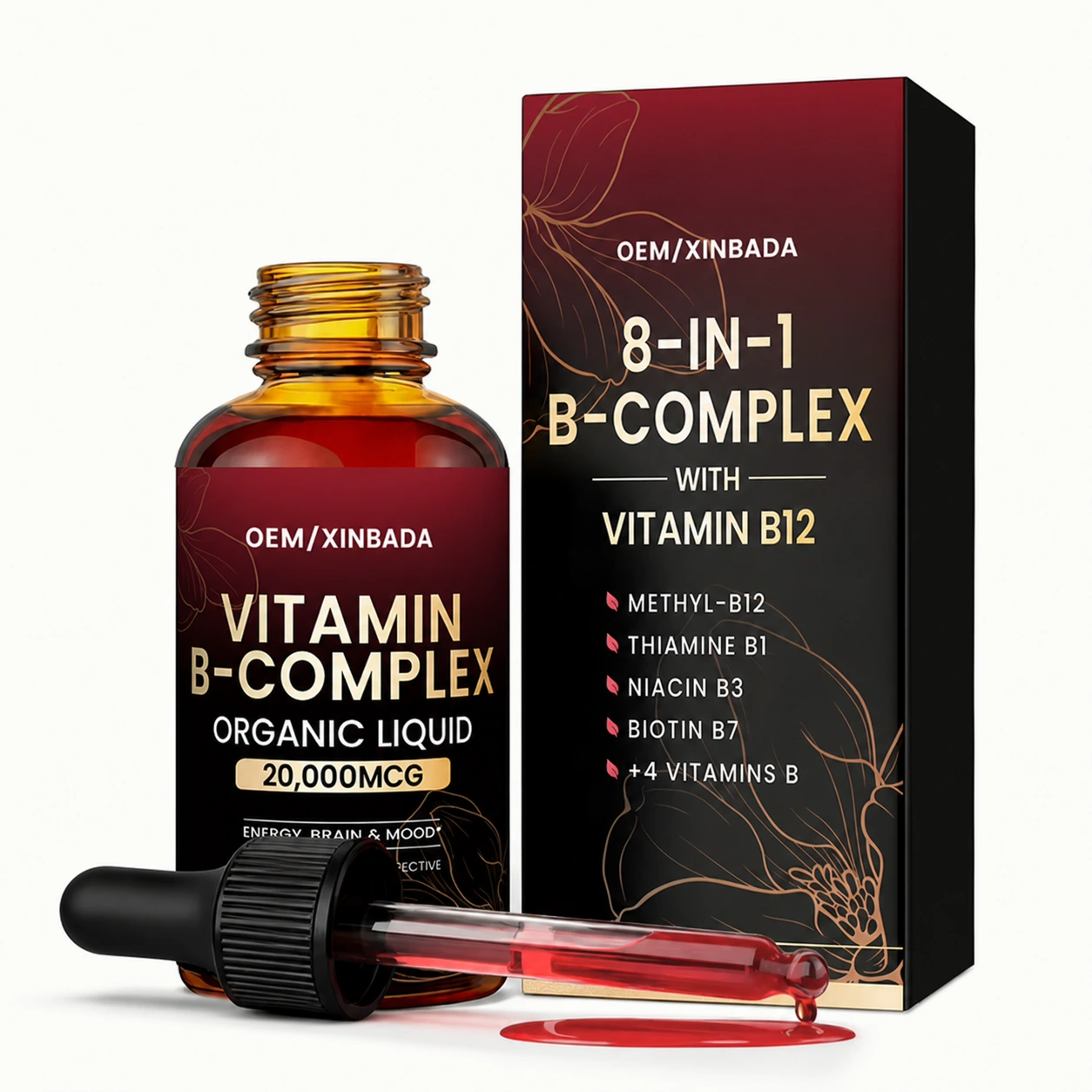 Vitamin B Complex Liquid Drops with B12 Niacin and Folate 60mL Private Label