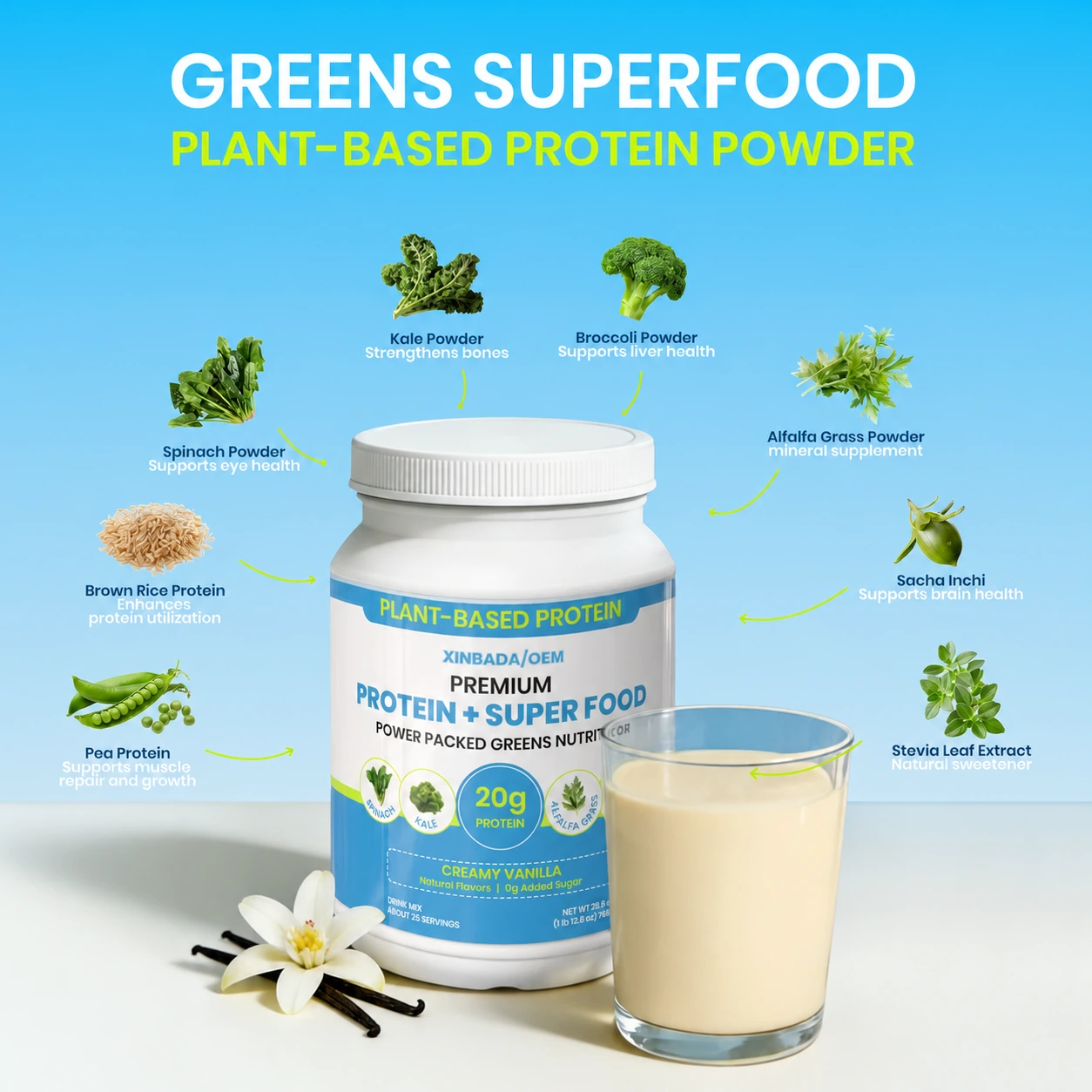Supergreens Vegan Protein Powder Vanilla Superfood Blend OEM ODM