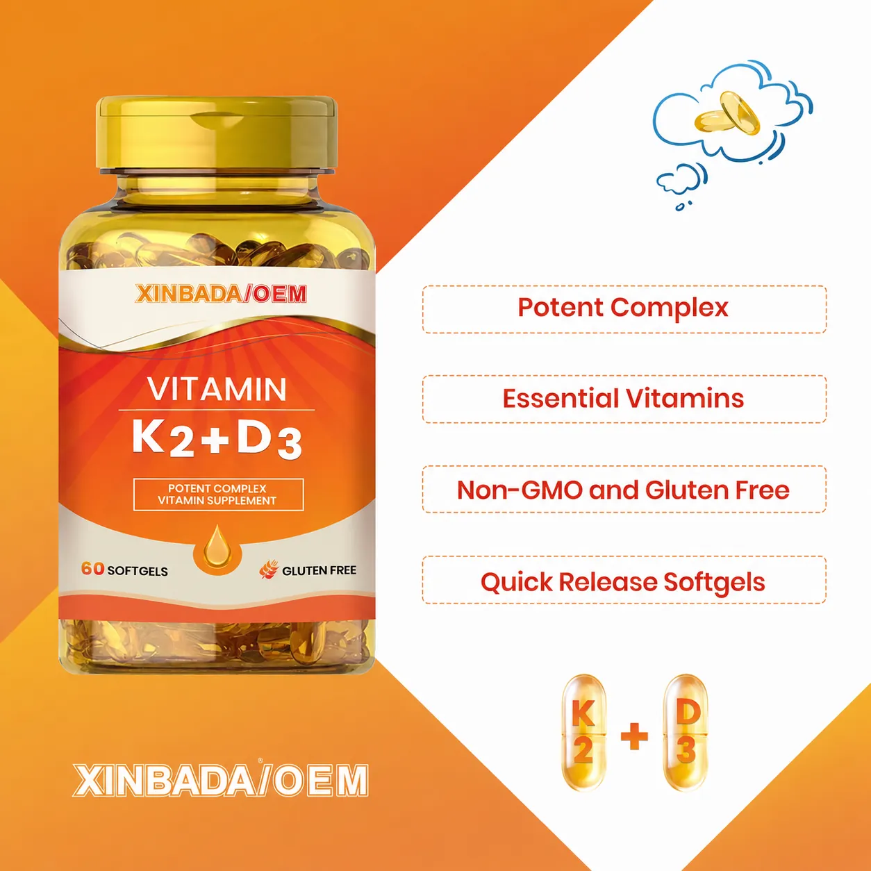 Vegan Vitamin D3 K2 Capsules with Coconut MCT Oil 60 90 120 Count OEM ODM