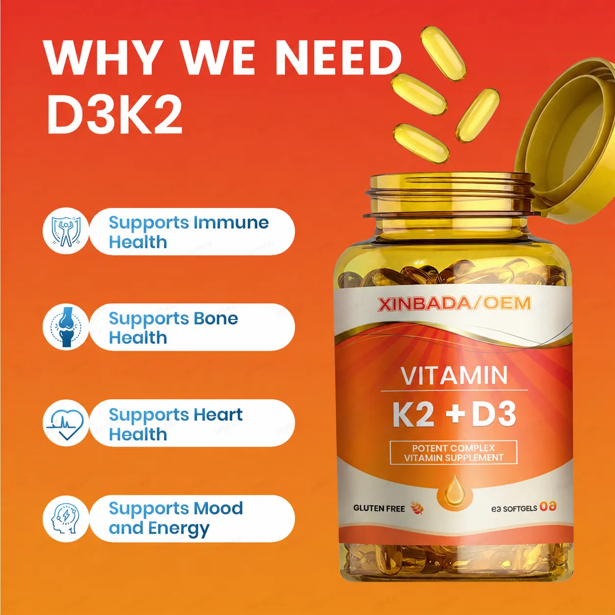 Magnesium Glycinate 500mg with Vitamin D3 K2 Coconut Oil Capsules OEM ODM