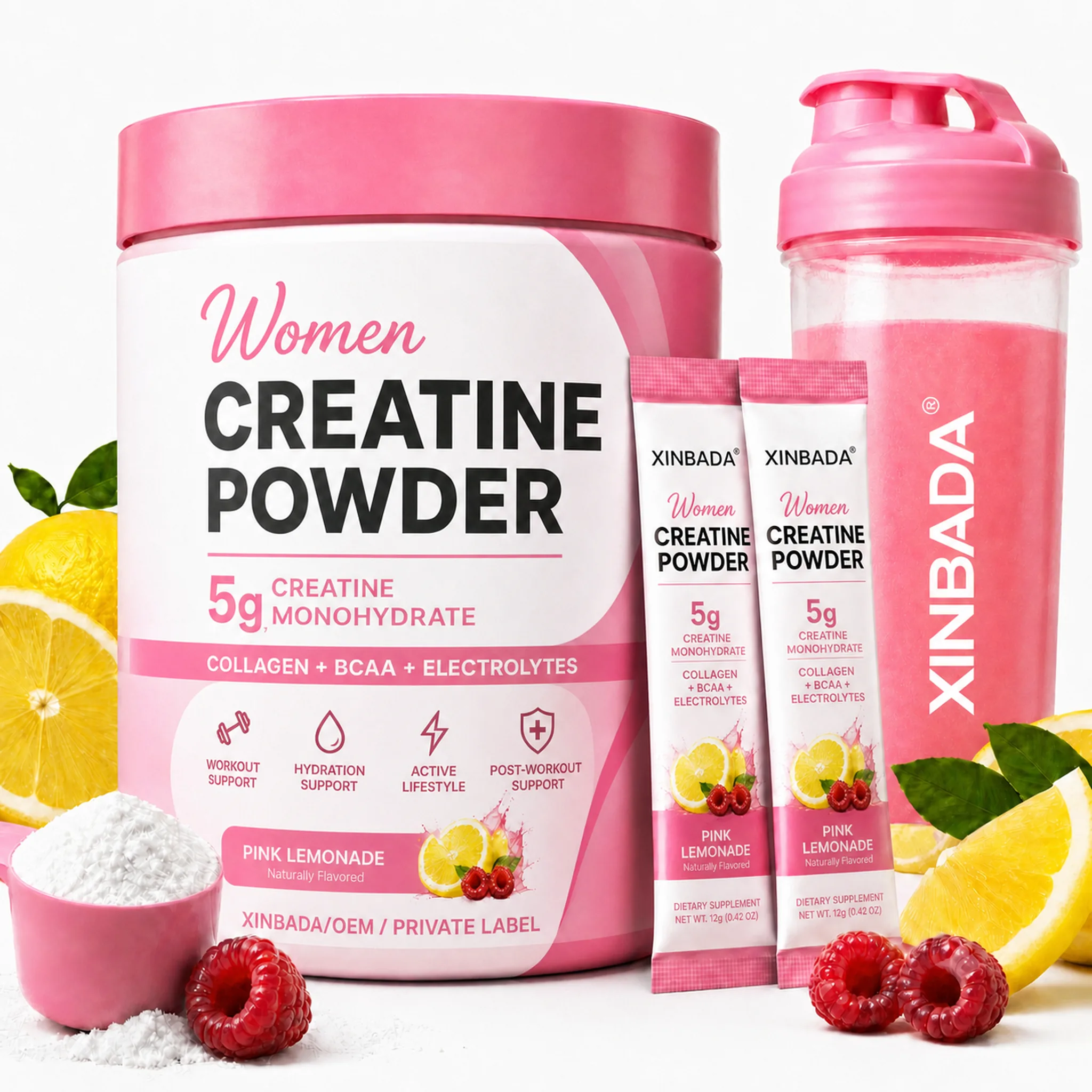Xinbada Women's Creatine Collagen BCAA Electrolyte Powder product and customization overview
