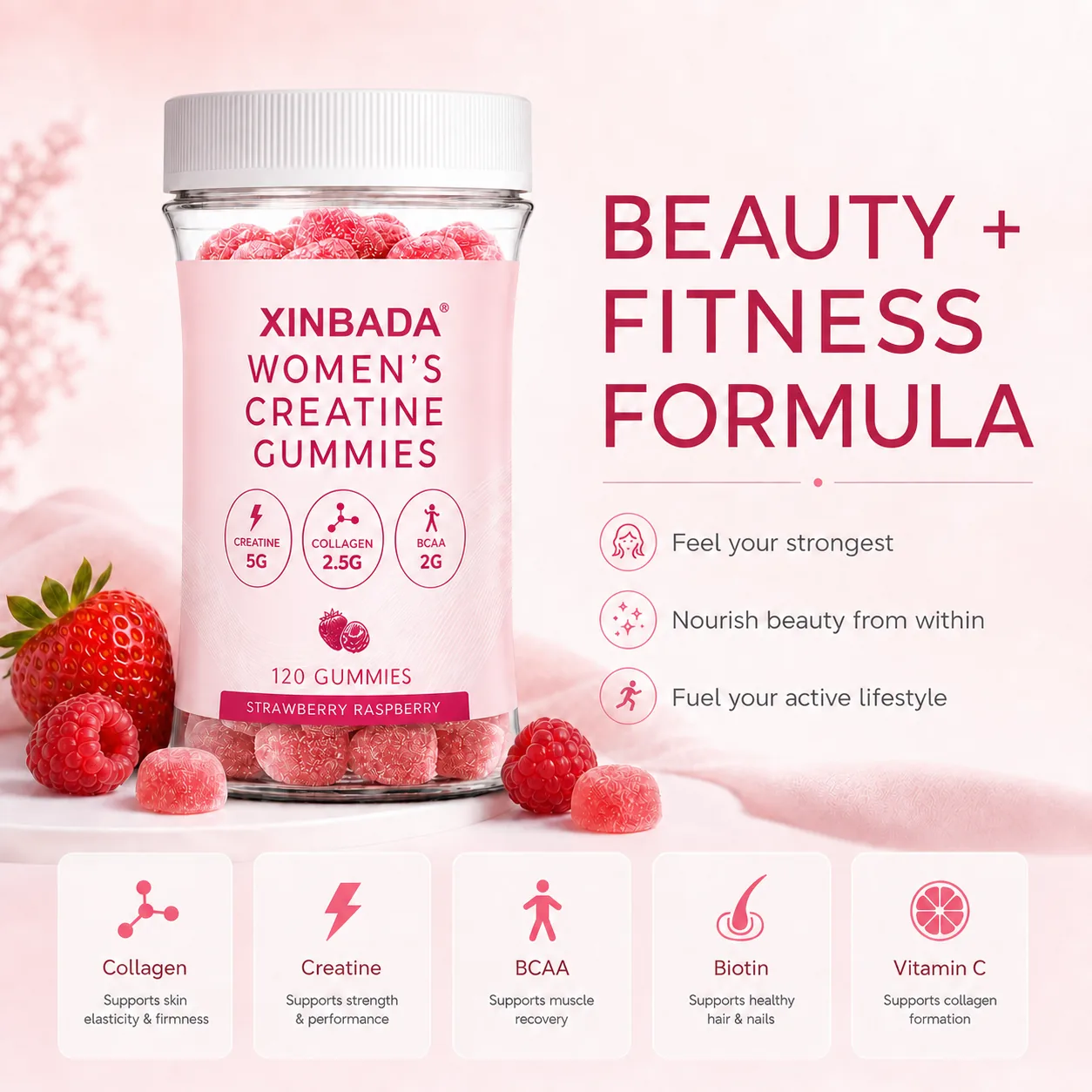Xinbada Creatine Gummies with BCAA and L-Taurine formula or lifestyle presentation