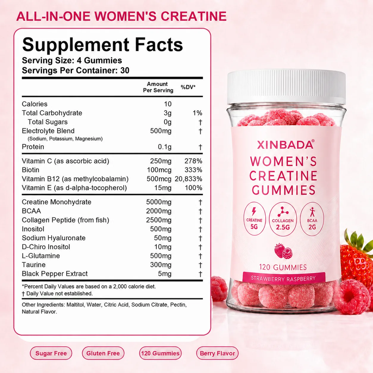 Xinbada Creatine Gummies with BCAA and L-Taurine supplement facts or private label options