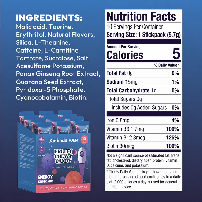 Xinbada Zero-Sugar Electrolyte Powder with Vitamins & Clean Caffeine Energy Support packaging, quality, or private label support