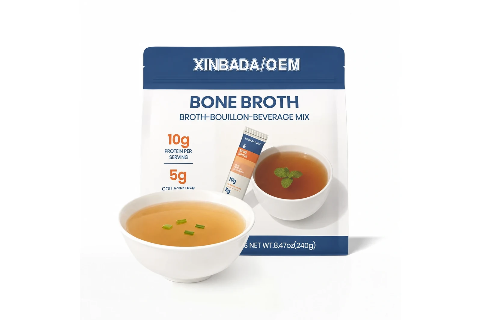 Original XINBADA/OEM bone broth protein pouch, serving stick, and prepared cups