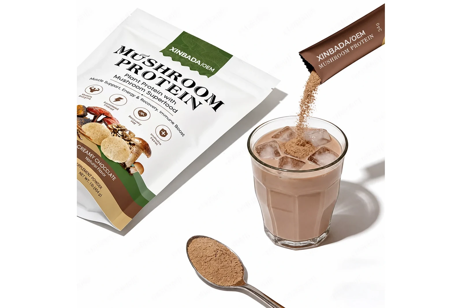 Original XINBADA/OEM protein powder pouch, serving stick, mixed drink, and powder scoop