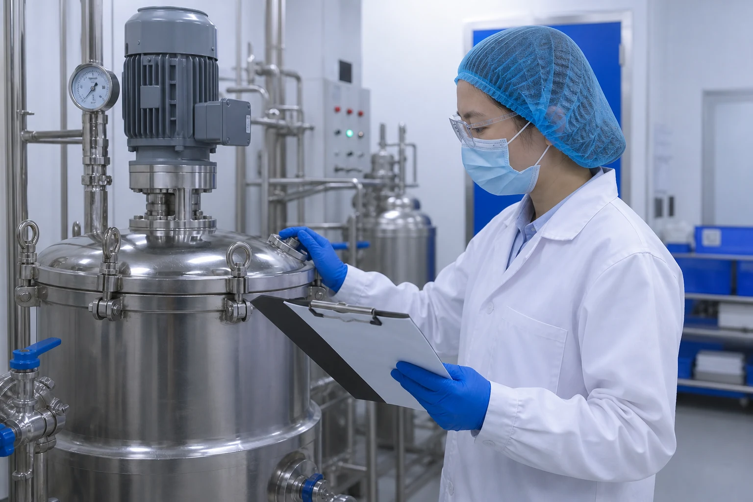 Quality technician inspecting stainless protein-processing equipment while reviewing a batch record