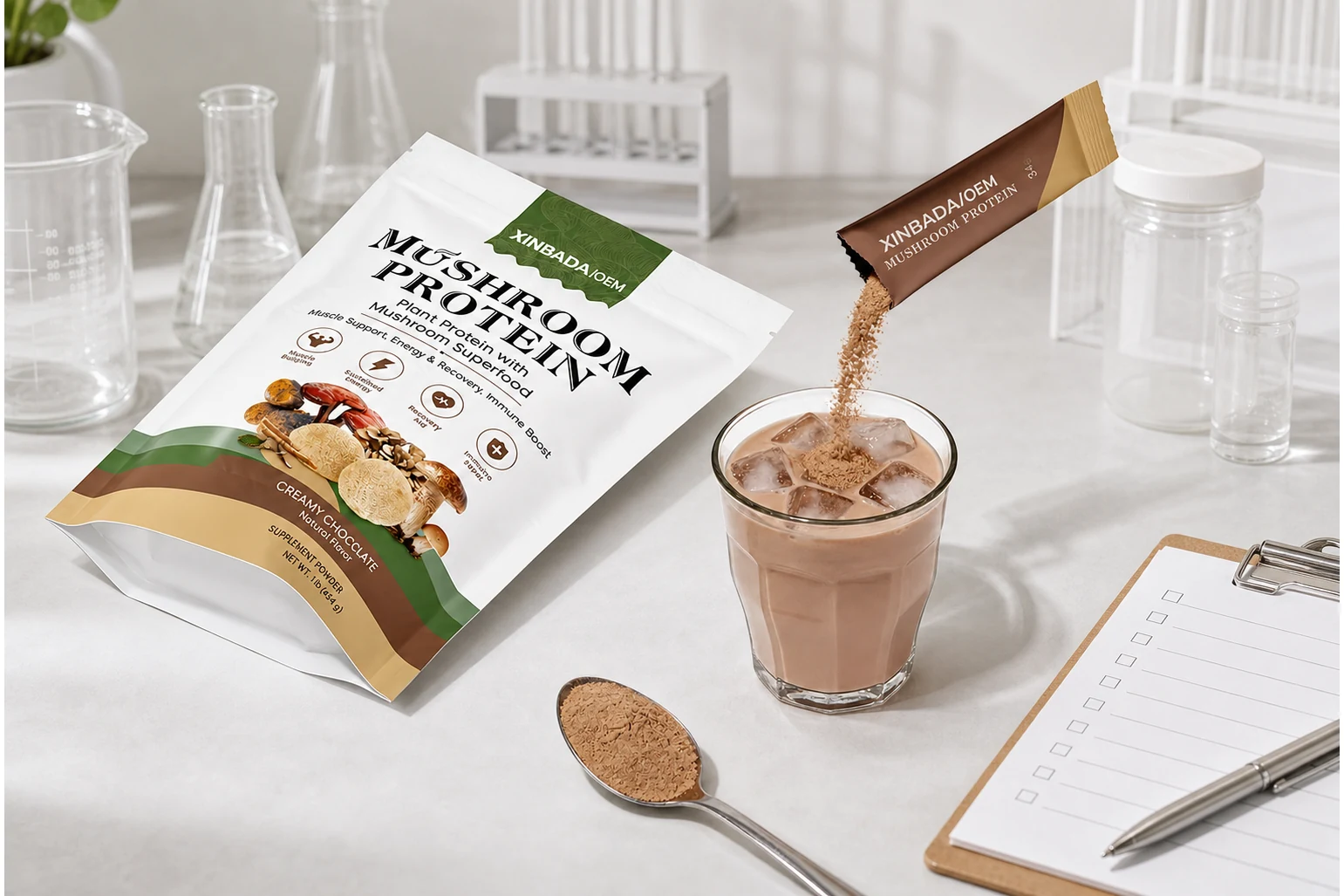 Branded mushroom protein pouch, serving stick, prepared drink, and scoop on a supplier sample-review bench