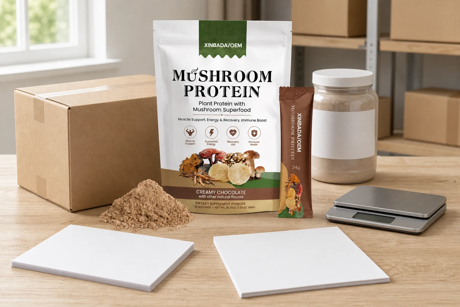 Branded mushroom protein powder packaging beside wholesale approval and measurement materials