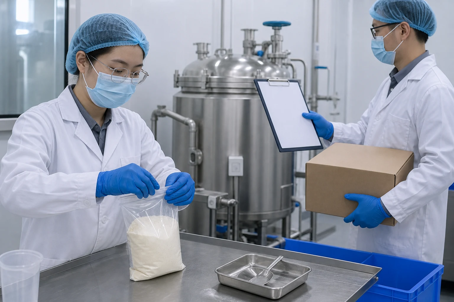 Technicians reviewing production records beside a stainless powder processing vessel