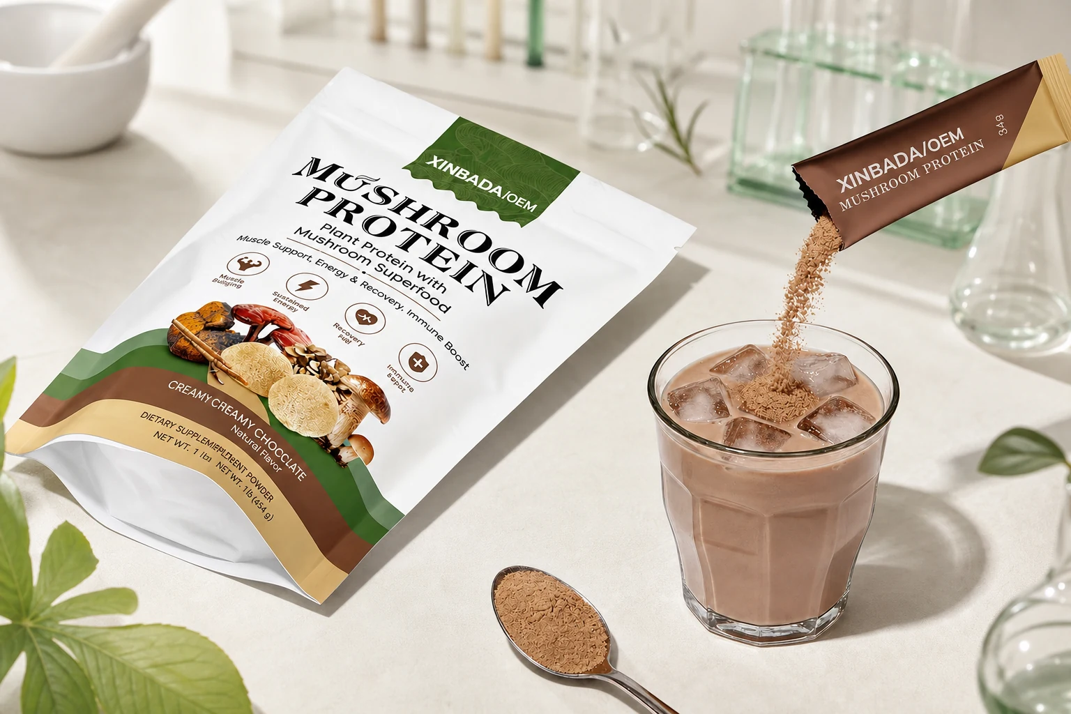 Mushroom protein pouch, sachet, shake, and powder arranged for pilot sample evaluation