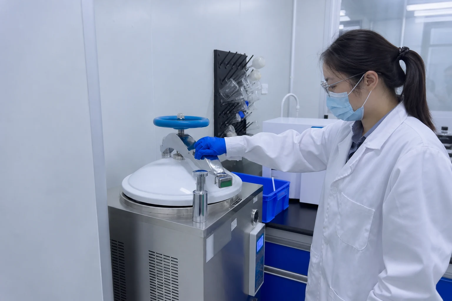 Quality operator checking stainless processing equipment in a clean supplement production area
