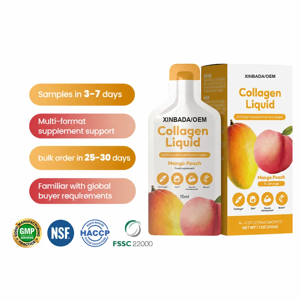 Xinbada Private Label Hydrolyzed Liquid Collagen Peptides Adults Grass Fed Bovine Protein Supplement Supporting Skin Care OEM ODM