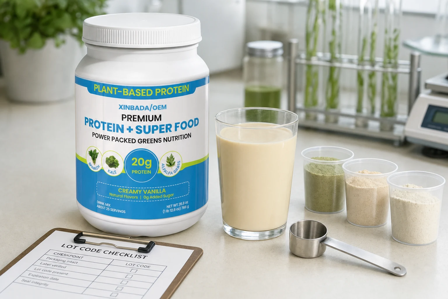 Branded plant protein jar, shake, powder samples, scoop, and lot-code checklist on a quality review bench