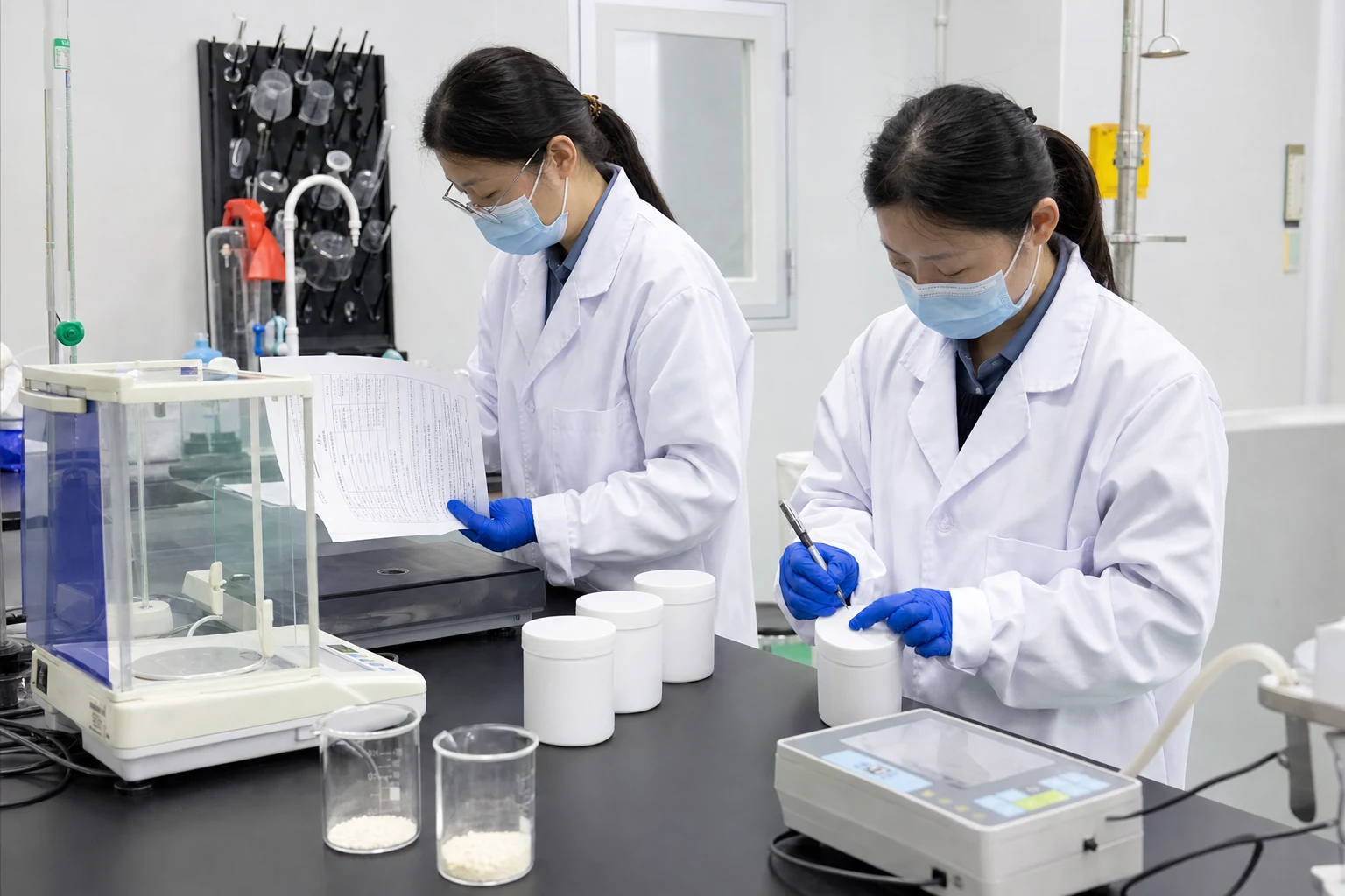 Laboratory technicians checking protein powder samples and batch records with benchtop test equipment