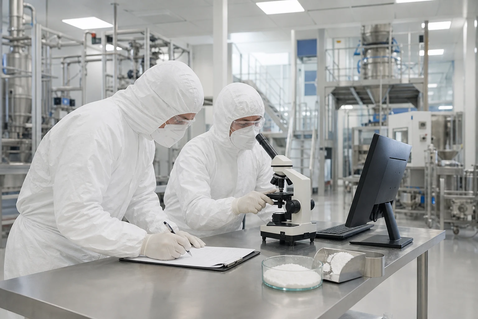Technicians reviewing powder quality controls in a production laboratory