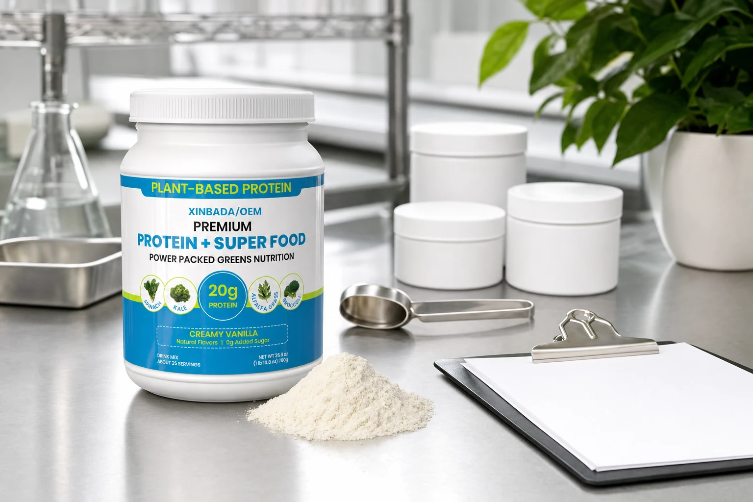 Protein powder package beside tools for a pre-production formula review