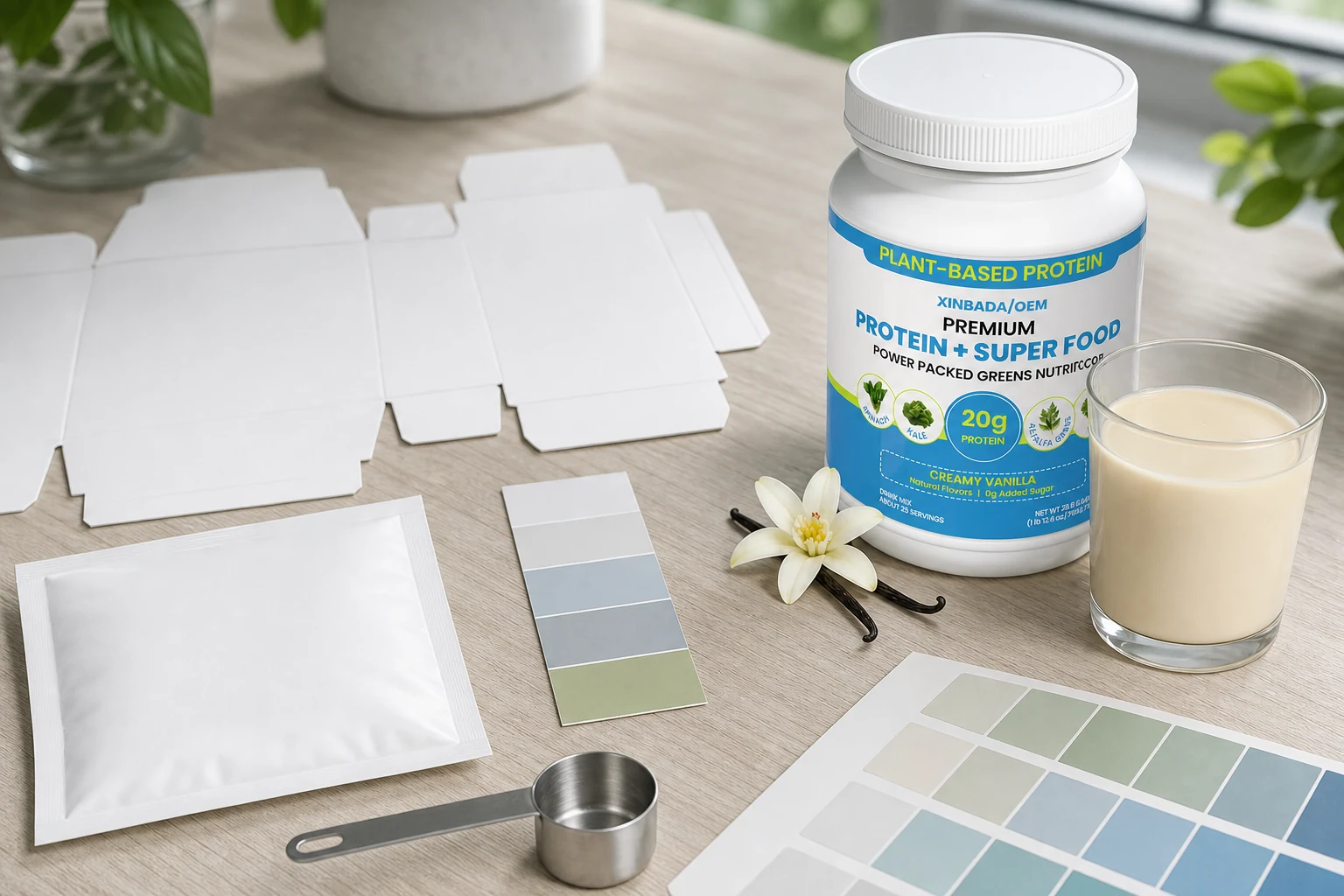 Private label protein powder package beside blank dielines and material swatches