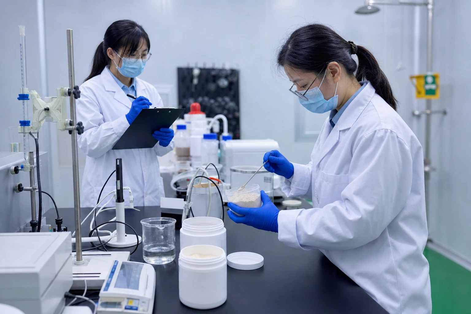 Laboratory technicians reviewing an unlabeled protein powder sample
