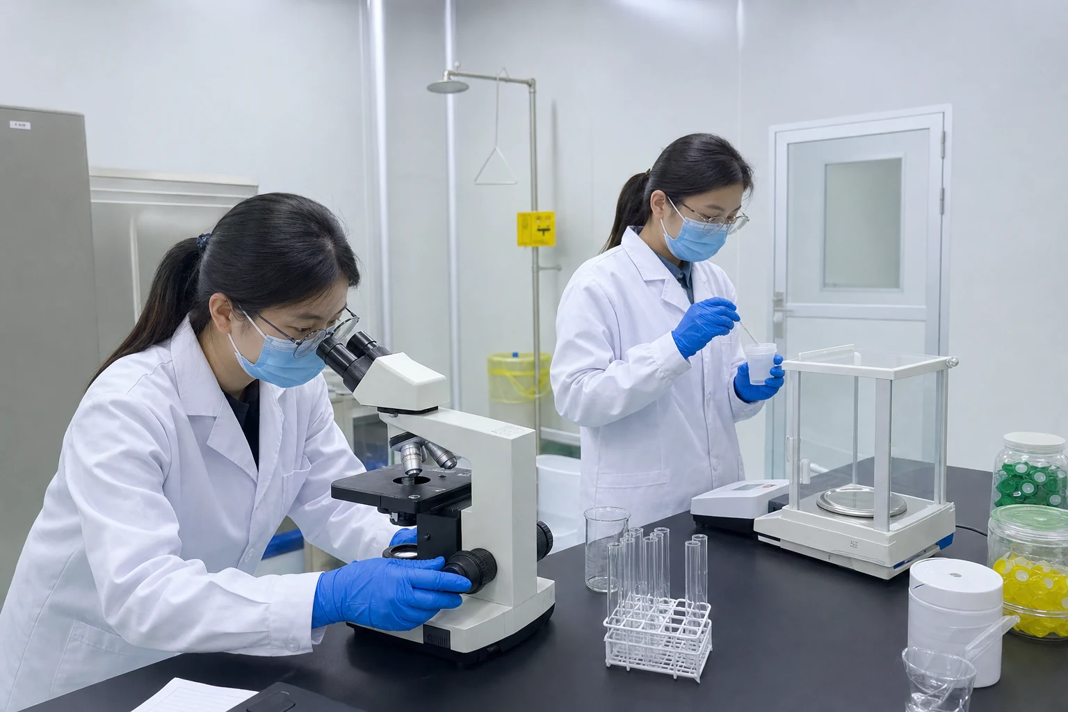 Laboratory staff checking a protein product sample during manufacturer qualification