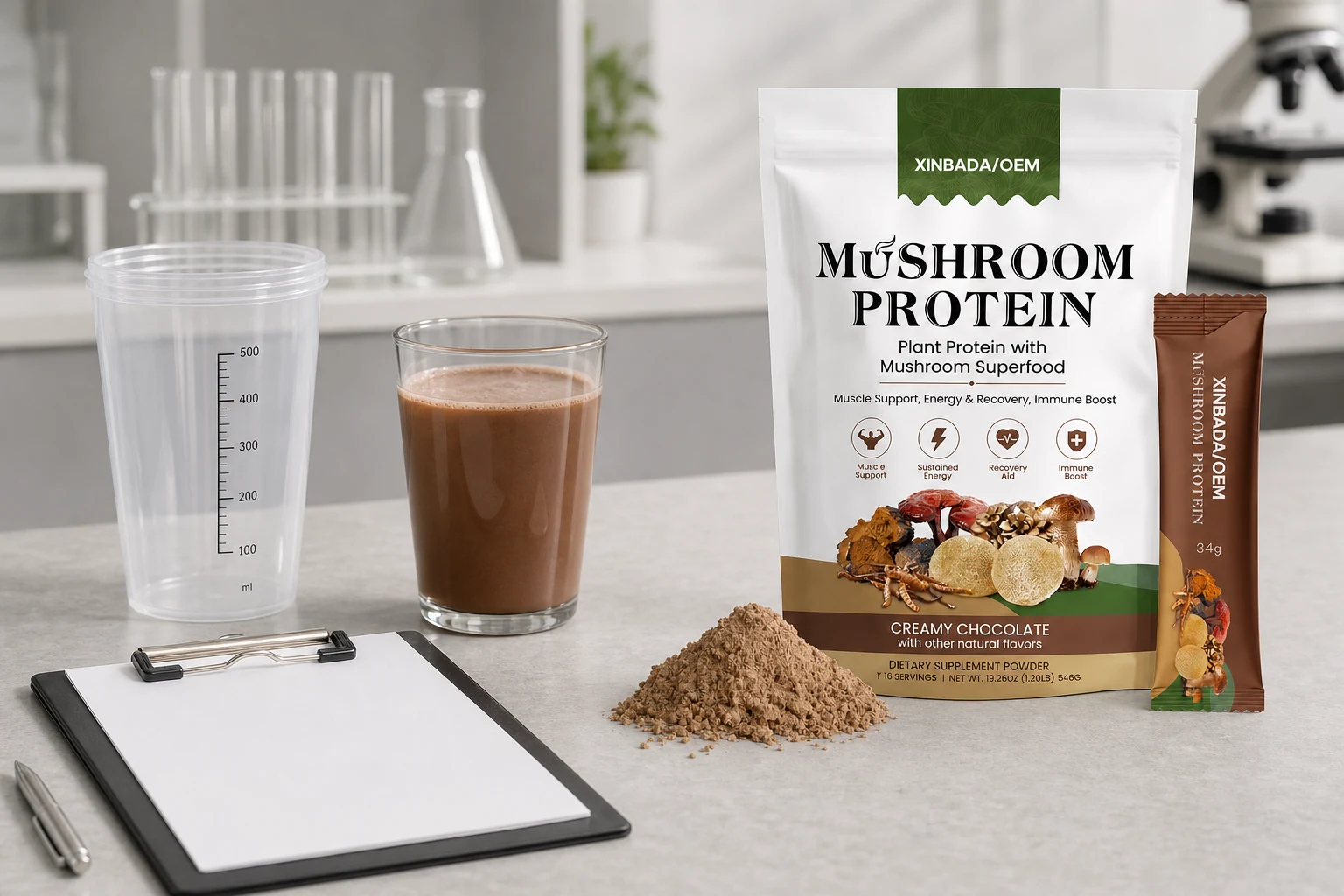 Original mushroom protein powder package beside a prepared protein drink for format review