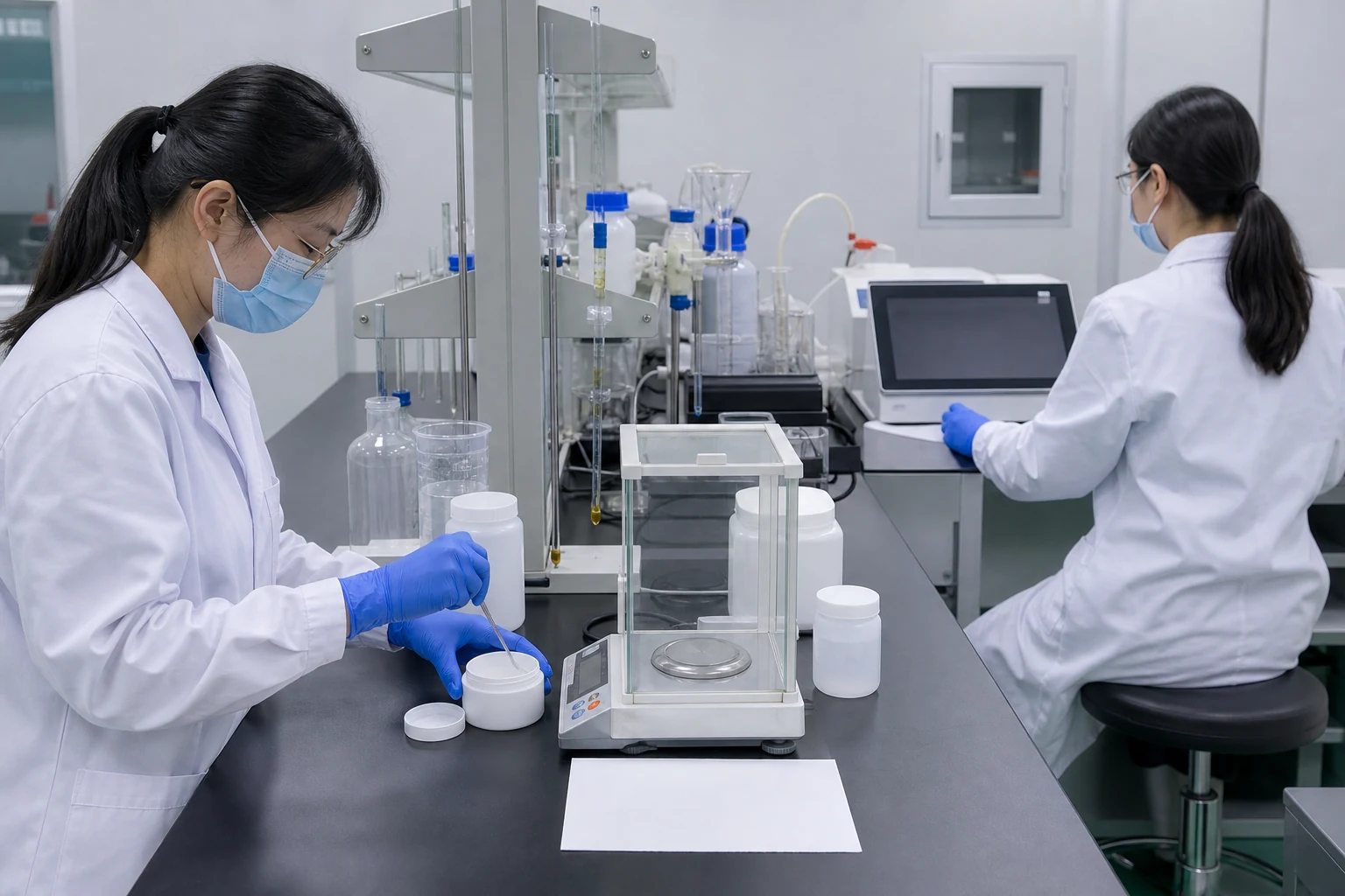 Quality-control technicians preparing unlabeled samples and reviewing analytical equipment.