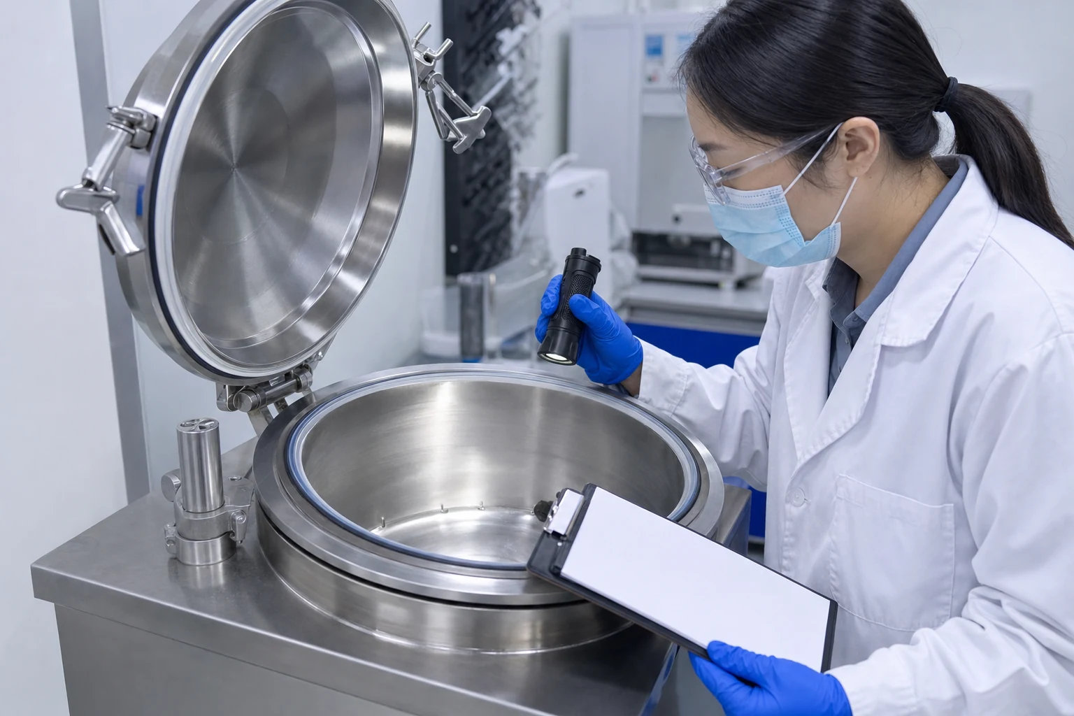Technician inspecting a clean stainless processing chamber before an OEM powder changeover.