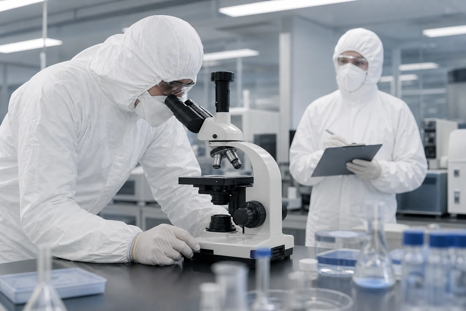 Laboratory analysts checking microscopy capability during supplement manufacturer due diligence.