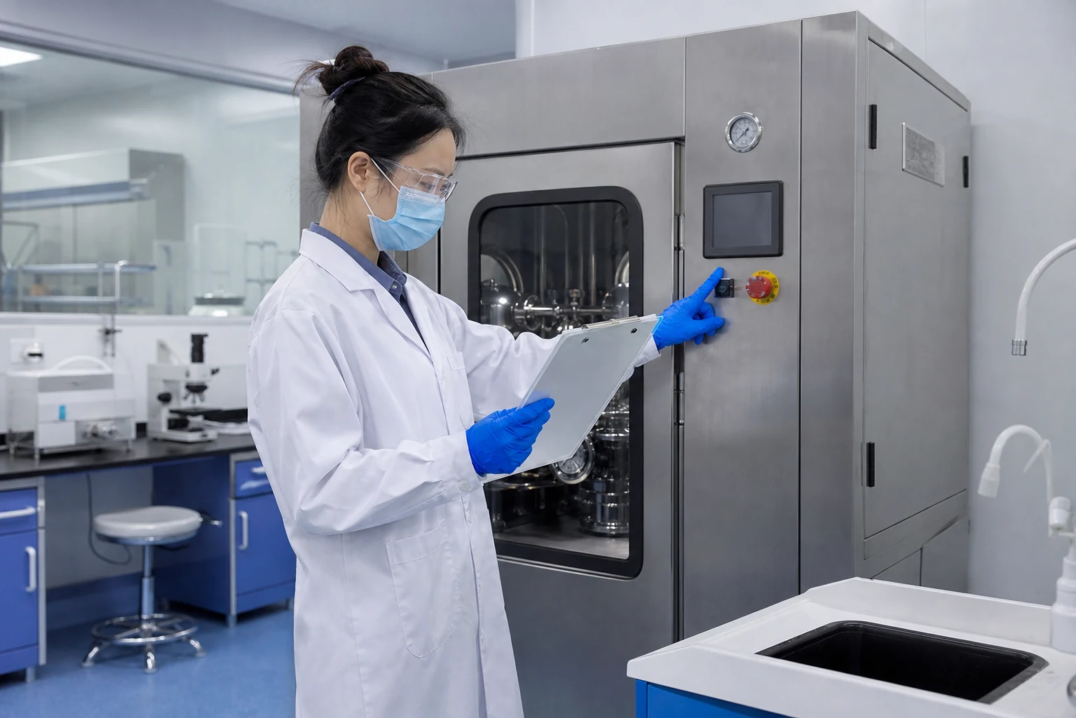 Supplement manufacturing technician reviewing enclosed processing equipment for a powder formulation project.