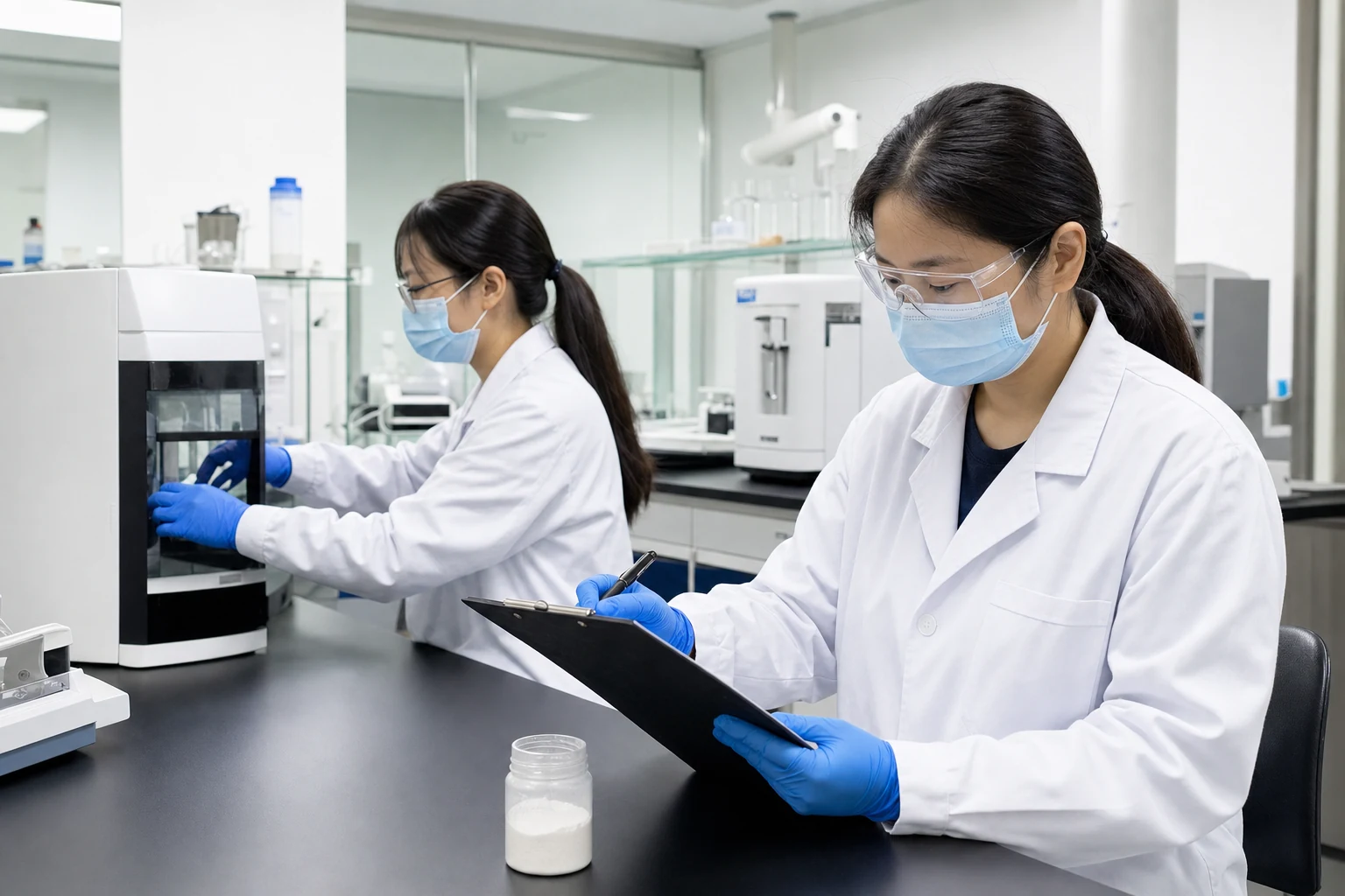 Laboratory team checking an unlabeled protein powder sample