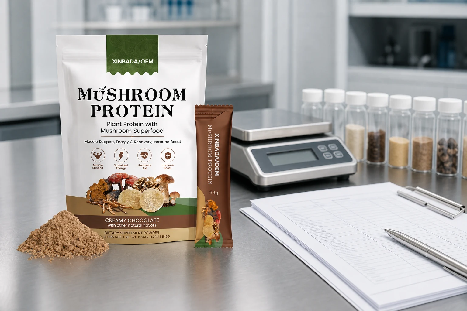 Locked protein powder package beside formula transfer tools