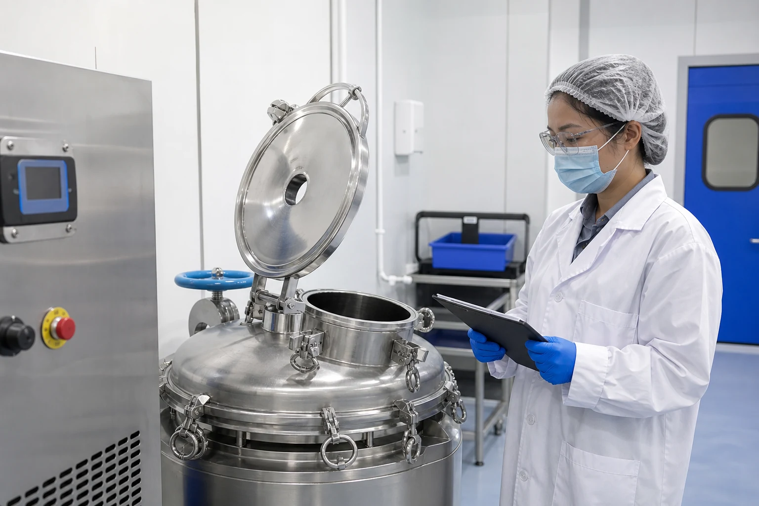 Technician reviewing stainless powder processing equipment
