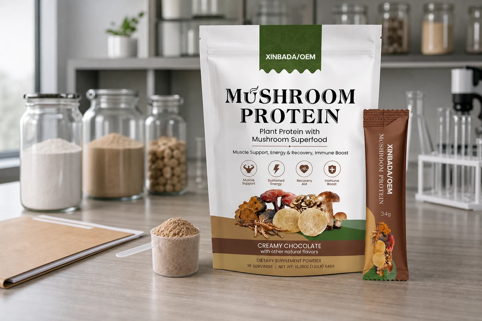 Locked mushroom protein product beside retained sample controls