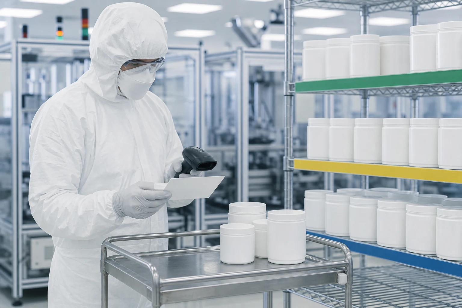 Controlled warehouse worker scanning quarantined ingredient samples