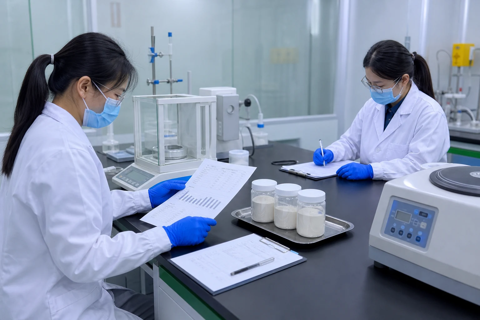 Quality staff reviewing protein powder test and release evidence