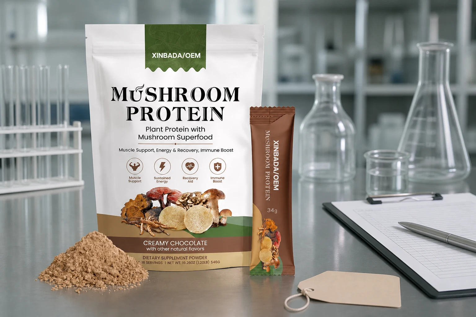 Pea protein supplier qualification desk with an original protein powder package