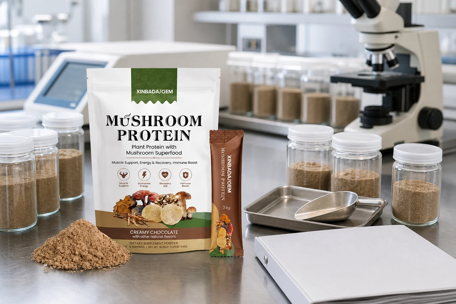 Mushroom protein package on a retained-sample review bench with blank containers