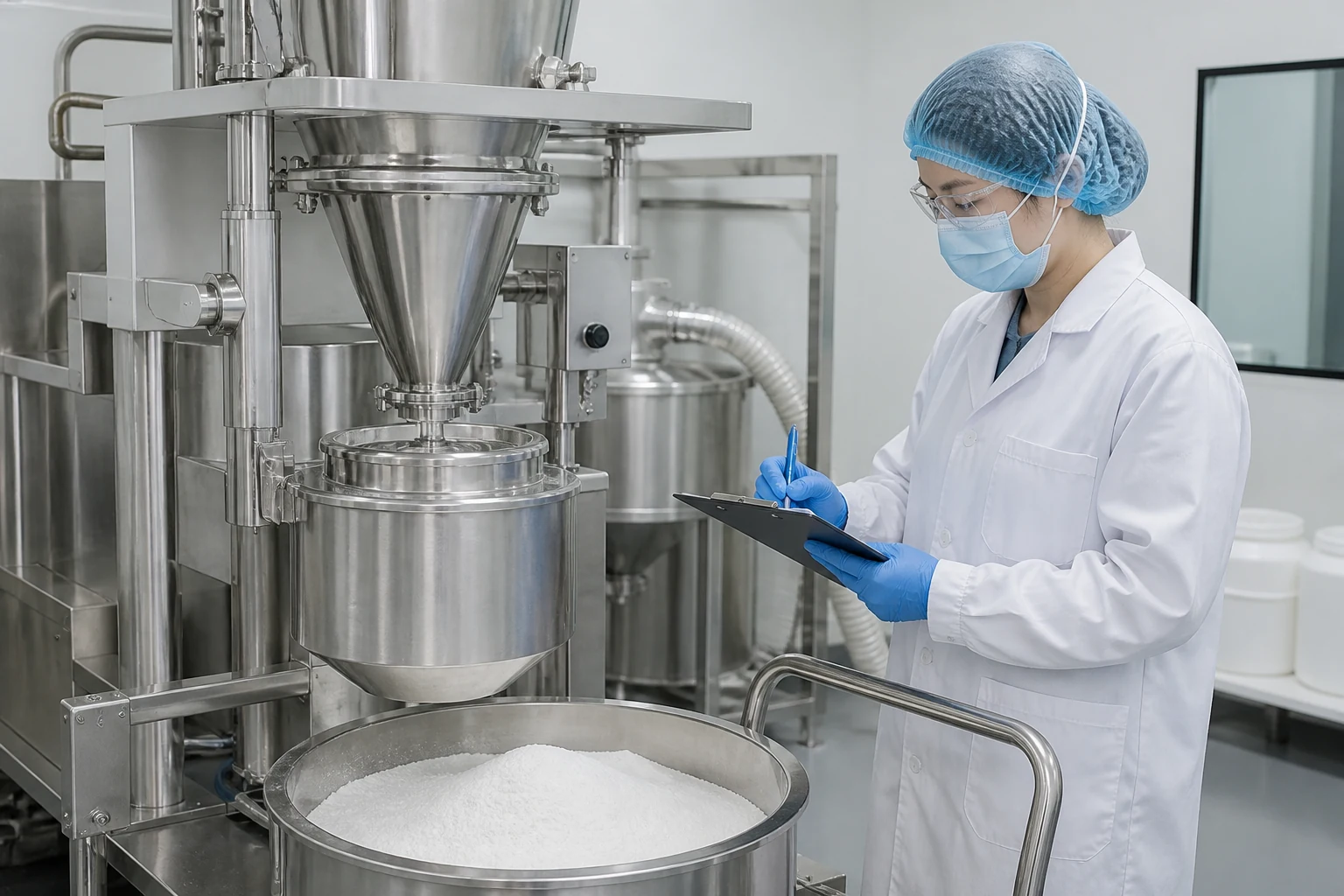 Technician checking stainless powder processing equipment in a controlled room