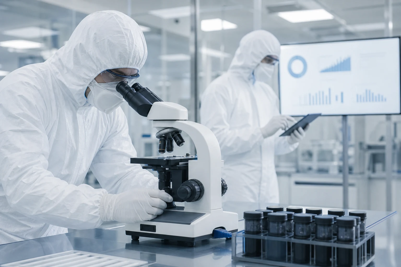 Cleanroom analysts reviewing microscopy and abstract quality trend data