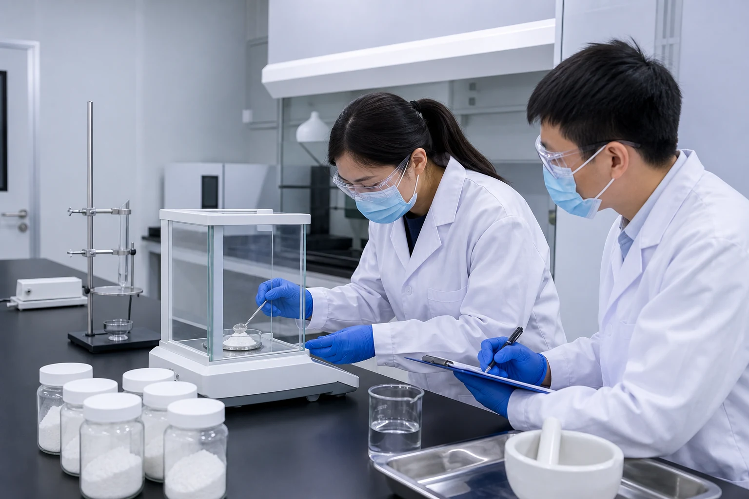 Laboratory analysts weighing a powder sample with generic testing equipment
