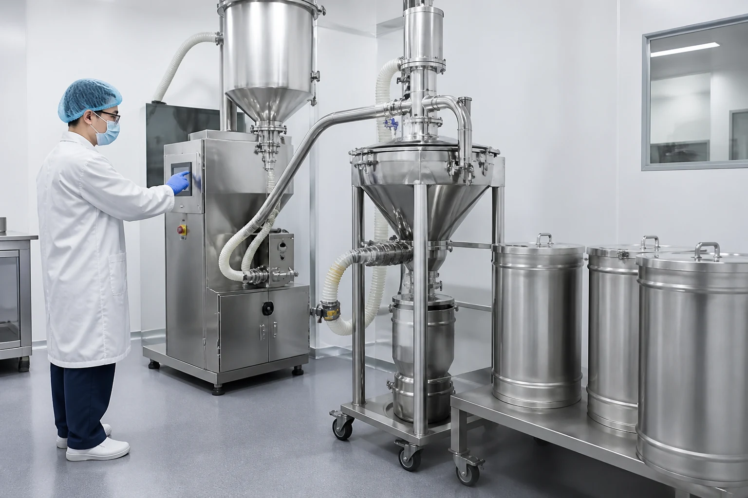 Technician reviewing hygienic powder processing equipment