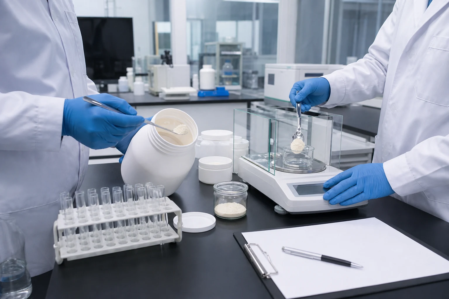 Analysts preparing powder samples for batch release review