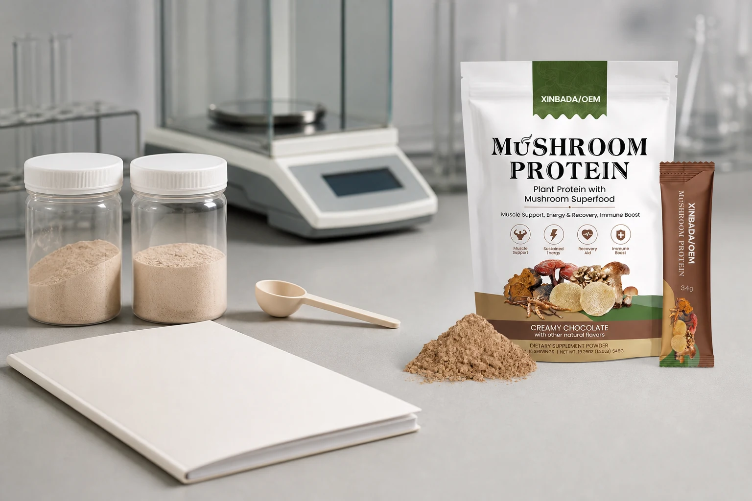 Representative protein powder package beside retained sample controls