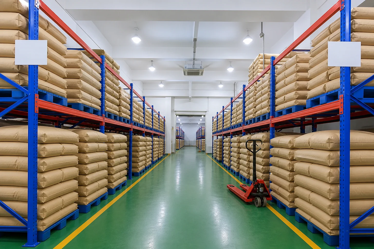 Segregated ingredient warehouse with clear lot storage aisles
