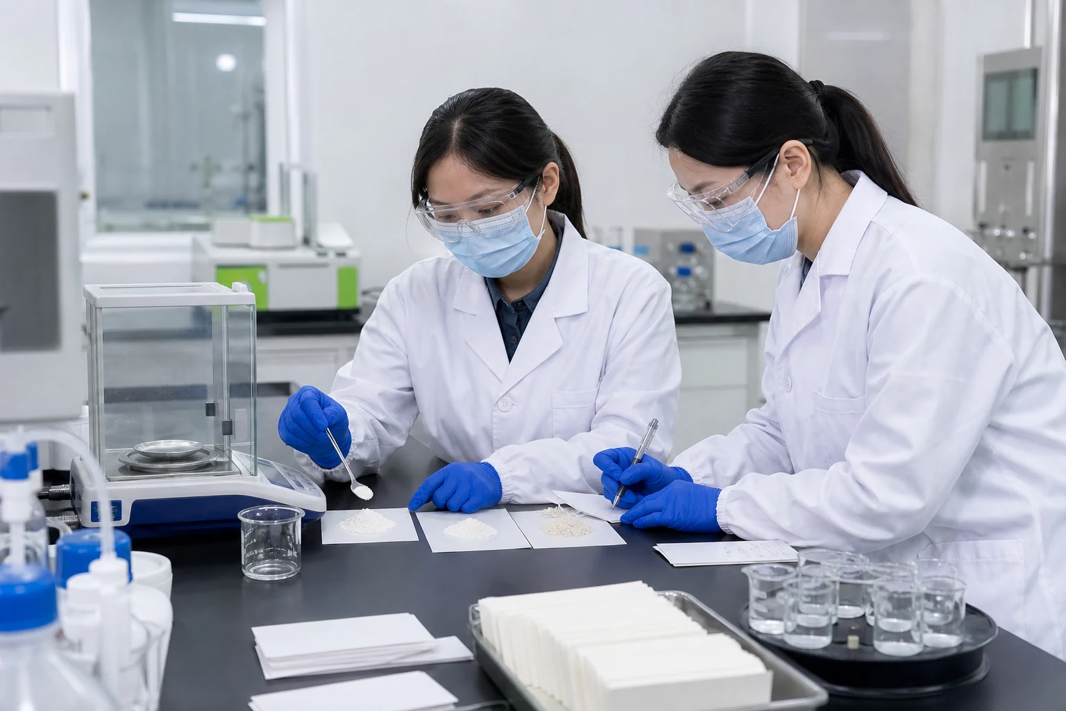 Quality technicians comparing separated protein powder samples